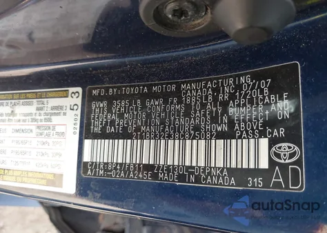 2008 Toyota Corolla Le from USA, damaged, VIN 2T1BR32E38C875082